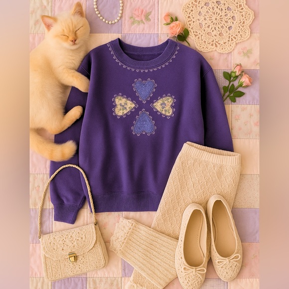 Gildan Purple Crew Neck Heart Patchwork Sweatshirt Coquette Cottagecore Vintage - Picture 2 of 12